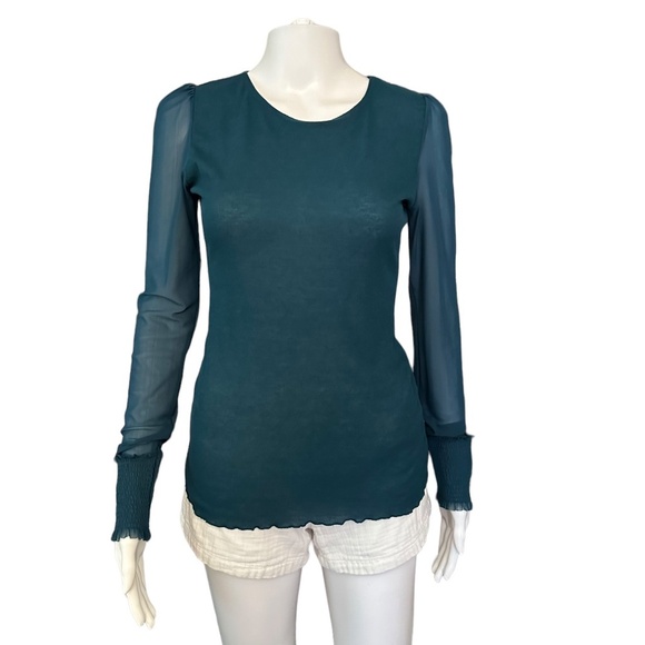 Free People Intimately  M Green Long Sheer Sleeves Ribbed Top/Blouse Feminine - Picture 1 of 14